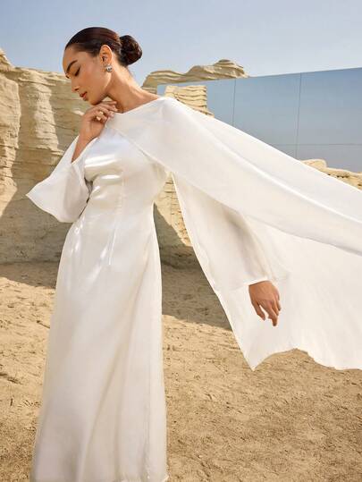 Graceveil Style Elegant Long Dress With Shawl, Suitable For Formal Occasions White Modest Dress White Maxi Dress Women White Dress With Sleeves White Silk Dress White Abaya