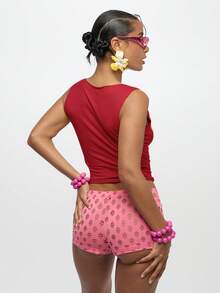 SUMWON WOMEN 女士V领字母印花棉质无袖夏季休闲T恤 - 紅色 - 查看 2