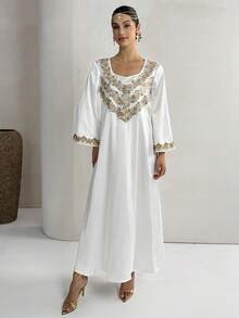 Yasmyna 女士花卉刺绣图案休闲宽松阿拉伯风格喇叭袖连衣裙 - 白色 - 查看 8