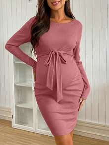 SHEIN Casual Everyday Versatile Long Sleeve Drawstring Loose Knit Elastic Black Midi Maternity Dress - Dusty Pink - View 4