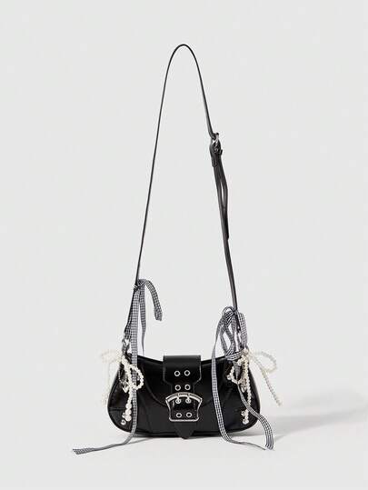 Grunge Punk حقيبة كتف دراجة نارية مزينة بسلسلة من جلد PU بطبعة لوحة زيتية من طراز Y2K