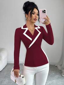 Elenzga Blusa elegante de punto ajustada con parches y contraste de colores, adecuada para Halloween y Navidad