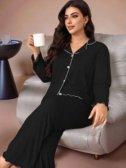 Lazeform Doze Lane 大码女式黑色翻领开襟经典针织面料休闲宽松长袖上衣和裤子，两件套睡衣，冬季服装