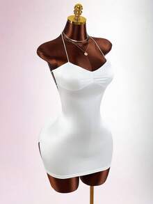 Amplova Vestido mini sexy de mujer con cuello halter cruzado y espalda descubierta de unicolor - Blanco - Ver 12