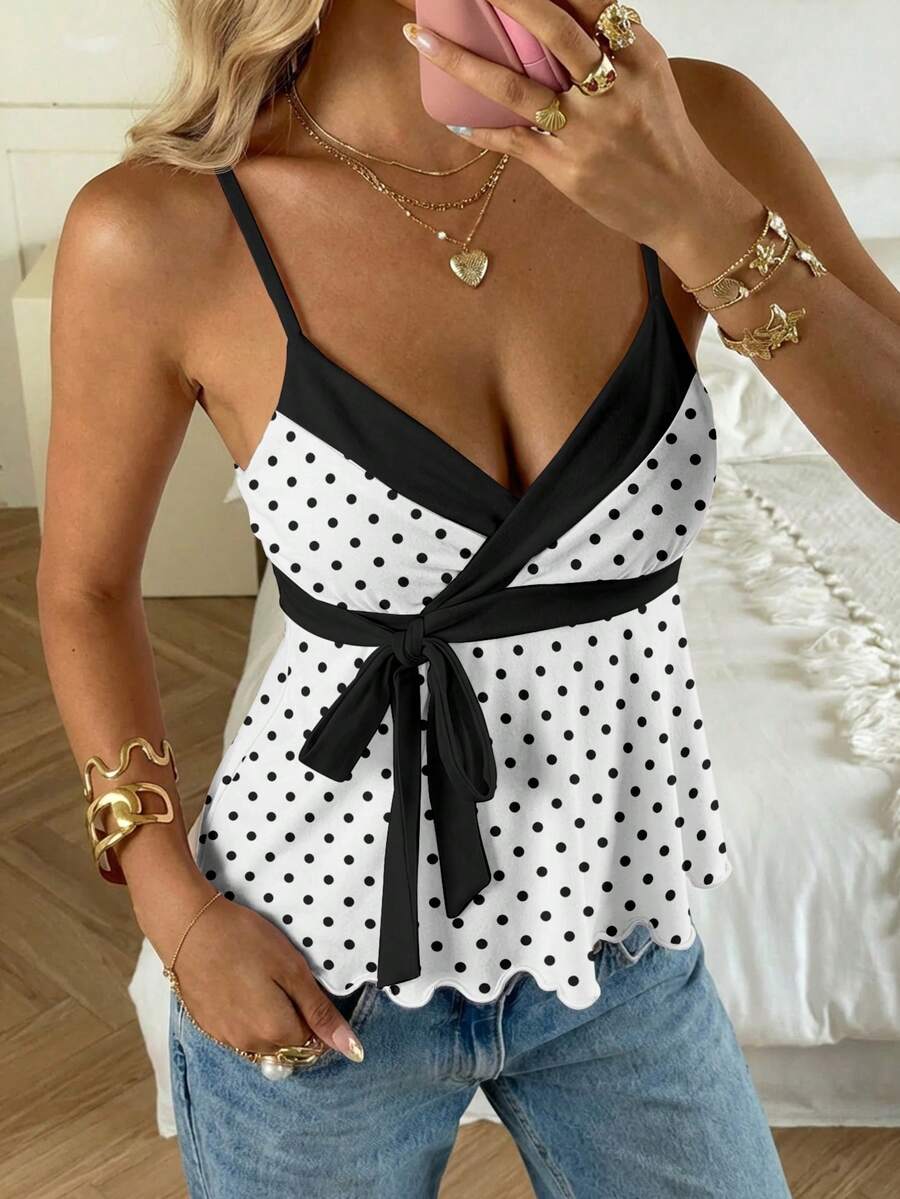 CovetEZ Women's Casual Elegant Bodycon Camisole, Women's Summer Clothing, Polka Dot Print, Bow Tie, Babydoll, Color Block,Spring Outfit Women,Summer ,Going Out Tops For Women,,Clean Girl - Multicolor - View 1