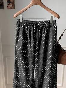 Comfortcana 女士波点编织系带阔腿宽松休闲裤 - 黑色 - 查看 3