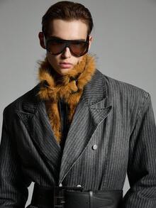 NEON BLANC Men Street Style Striped Double-Breasted Denim Long Sleeve Blazer, For Fall Winter