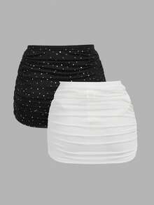 SHEIN EZwear 2件套女士纯色百褶休闲/约会迷你裙套装 - 黑與白 - 查看 2