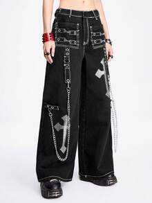 ROMWE Grunge Punk Celana Jeans Wanita Model Lebar dengan Hiasan Rantai Berlian Imitasi dan Salib - Hitam dan Putih - View 3