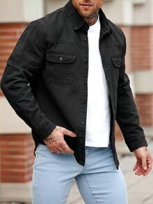 Manfinity Homme Men's Slim Fit Military Green Casual Denim Jacket - Black - View 3