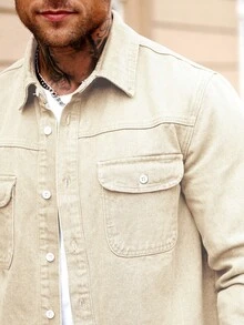 Manfinity Homme Chaqueta vaquera casual de corte slim en color verde militar para hombres - Caqui - Ver 5