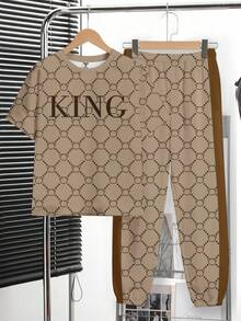 SHEIN 男童新款休闲复古花卉英文字母“King”运动风美式撞色撞色圆领短袖T恤和裤子套装 - 彩色 - 查看 2