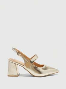 CUCCOO BIZCHIC Women's Fashion Apricot Color Metal Buckle Decor Chunky Heels Pumps, Classic Minimalist Design For Commuting, Dating, Party, Holiday, Wedding Valentine's Day Spring Shoes - Gold - View 2