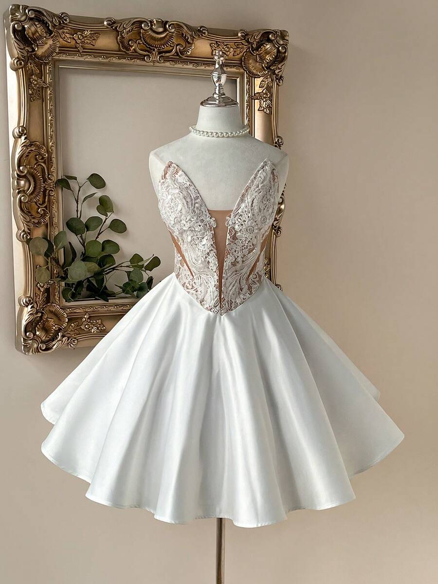 Lovelzi Đầm dạ hội ngắn dáng đuôi cá sang trọng, cổ chữ V sâu, chất liệu satin cao cấp, thêu ren 3D tinh tế, phù hợp cho các buổi dạ tiệc và ngày Valentine. - trắng - Xem 1