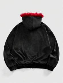 ROMWE MEN Goth Áo hoodie nam màu tối, viền lông mềm mại, có khóa kéo, kiểu dáng thường ngày, thích hợp cho mùa thu. - màu đen - Xem 10
