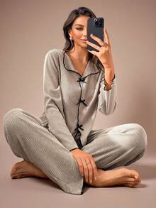 Lazeform Women's Ribbed Brushed V-Neck Bowknot Long Sleeve Top & Pants Pajama Set, Autumn/Winter Comfy Lounge Set, Fall Clothes