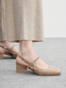 CUCCOO BIZCHIC Giày nữ cổ điển đơn giản, mũi vuông, gót dày, cao gót, đa năng, thích hợp mang hàng ngày. - Màu Khaki - Xem 5