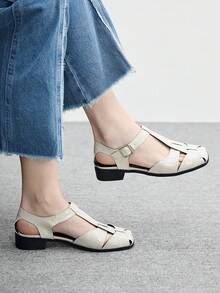 CUCCOO BIZCHIC Giày sandal đế mềm thoải mái, mũi kín, kiểu dáng La Mã, dệt thủ công, mùa hè, kiểu retro mới, mũi vuông, khoét rỗng, kiểu lồng heo cho nữ. - Màu be - Xem 1
