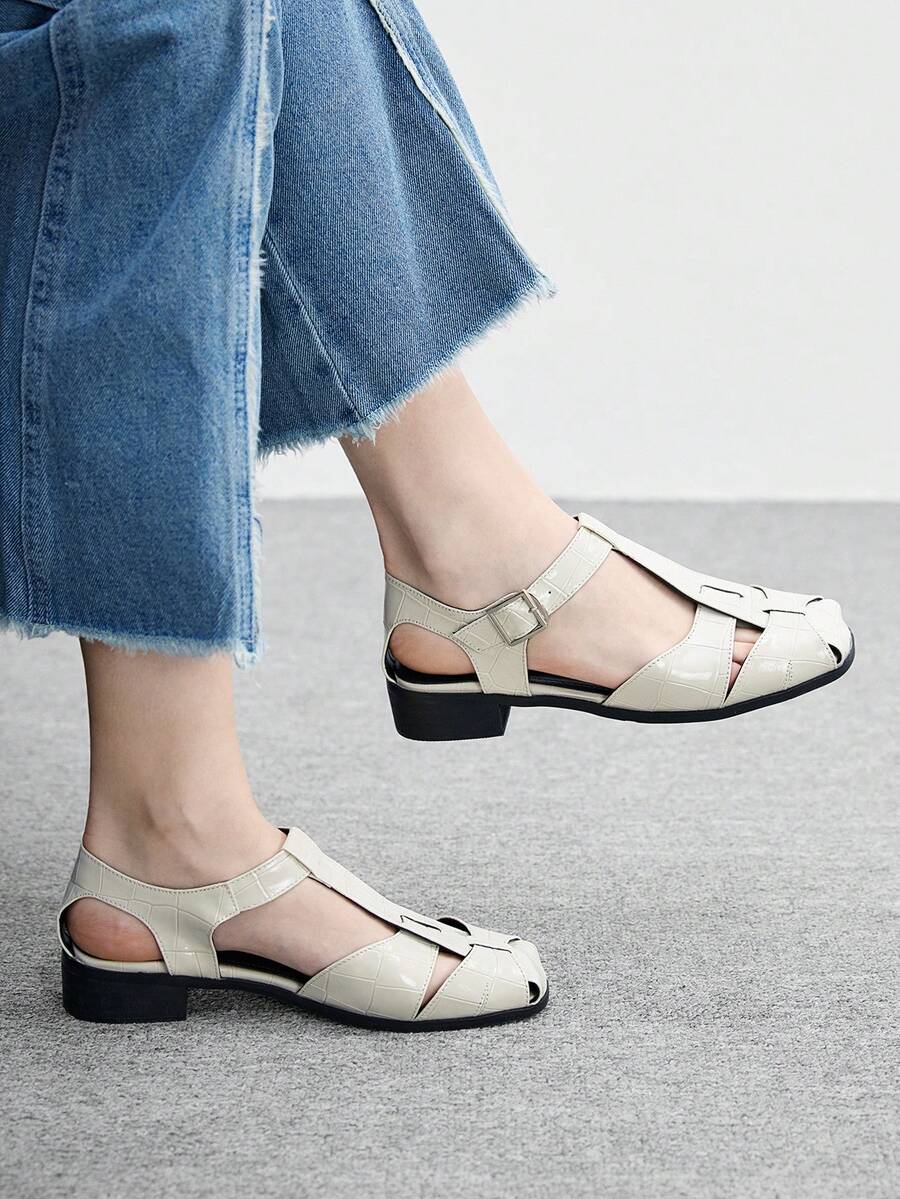 CUCCOO BIZCHIC Giày sandal đế mềm thoải mái, mũi kín, kiểu dáng La Mã, dệt thủ công, mùa hè, kiểu retro mới, mũi vuông, khoét rỗng, kiểu lồng heo cho nữ. - Màu be - Xem 1