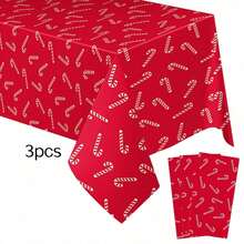3 Pieces-1Piece Christmas Candy Cane Tablecloth Set, Suitable For Rectangular Tables, Red And Green Disposable Christmas Plastic Tablecloth, Waterproof Candy Cane Christmas Table Decoration, Perfect For Holiday New Year Parties - Red - View 9