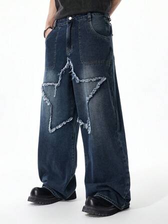Herren Jeans mit weitem Bein, Kontrastfarben, fünfzackiger Stern Stickerei, personalisiert