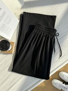 Comfortcana 大码女式休闲宽松抽绳阔腿运动裤，黑色宽松女式松紧腰裤，女式休闲裤，女式休闲裤 - 黑色 - 查看 4