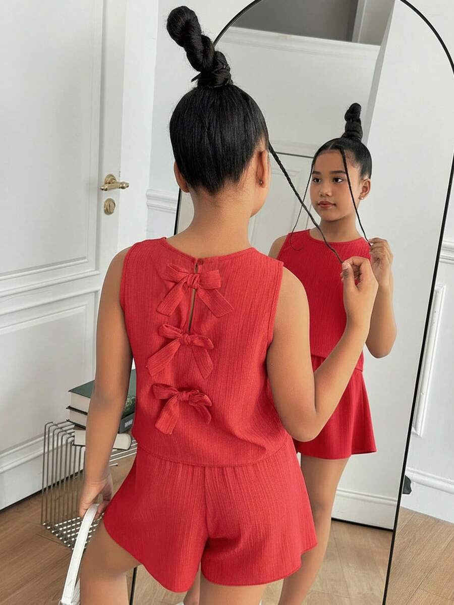 SHEIN Ensemble débardeur et short en tissu texturé de couleur unie, décontracté pour jeune fille en été, pour les vacances et les déplacements - Rouge - Voir 1
