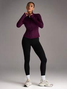 SHEIN BAE Slim-Fit Fitness Workout Running Zipper Stretchy Compression Casual Long Sleeve Yoga Jacket Katseye Weight Loss - Bold Plum - View 4
