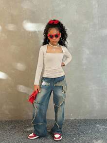 SHEIN Tween Girls Fall Fashionable Snug Fit T-Shirt With Raglan Sleeves, U-Neck, Ruched Waist, Stretchy - Apricot - View 5