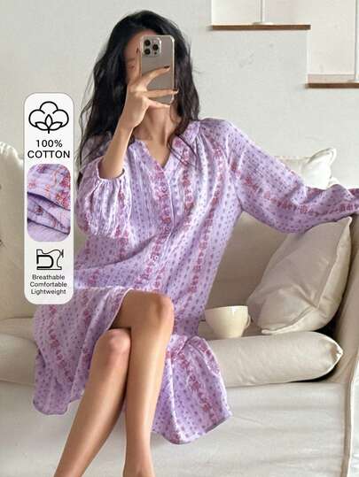 DAZY Vacation Style Floral Print Loose Raglan Sleeve Comfortable Crinkle Fabric Mid-Length Women Nightgown