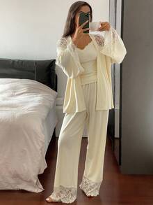 DAZY 3pcs Lace Patchwork Robe, Cami Top & Pants Women Sleepwear Pajama Set, Fall Winter Clothes Pajama