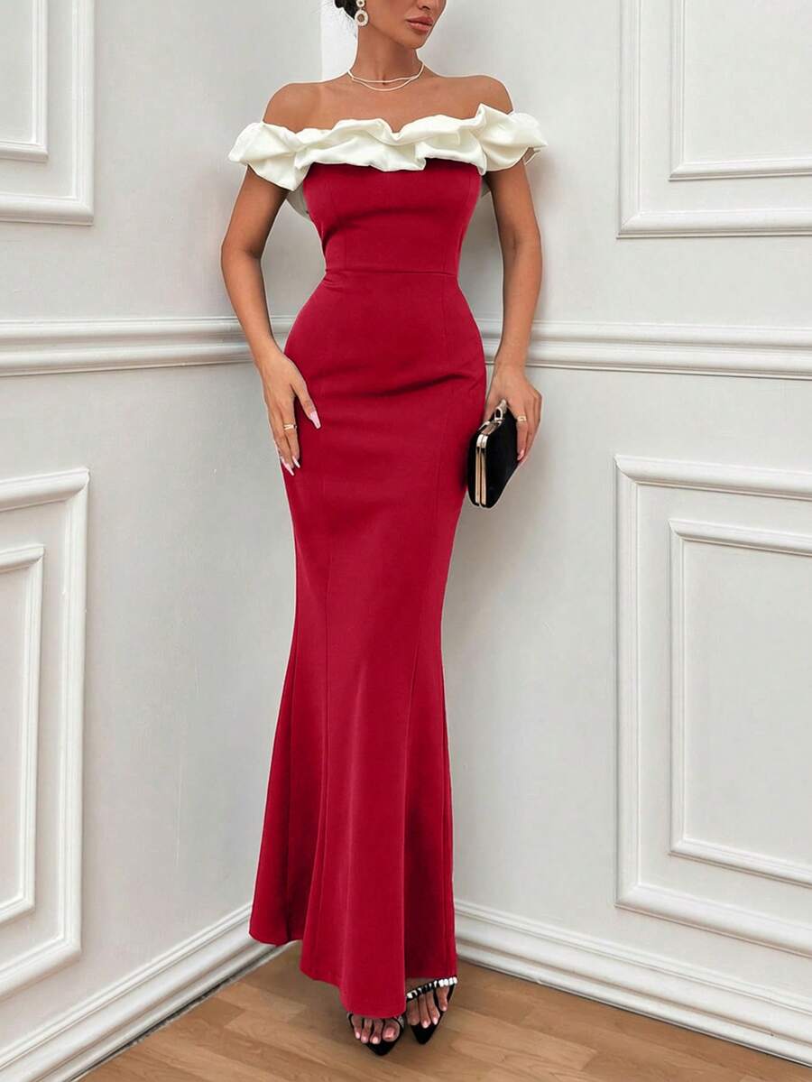 EURMUSE Two Tones Off Shoulder Ruffle Trim Bodycon Dress, Elegant Dress - Red - View 1