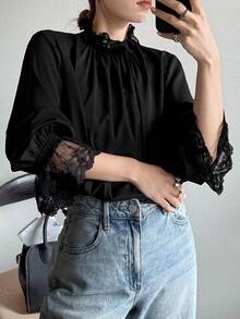 FRIFUL Women's Lace Trim Pleated Collar Fashion Versatile Long Sleeve Blouse For Commuting - Black - View 5