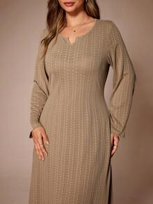 Lazeform 加大码超柔软提花V领修身长袖长款睡袍，适合外穿，女士中长连衣裙，中长连衣裙，女士中长连衣裙，长袖中长连衣裙 - 卡其色 - 查看 5