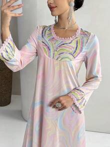 Al Najma Women's Round Neck Lace Patchwork Tie-Dye Elegant Waist Gathering Party Arabic Style Long Sleeve Dress - Pink - View 3