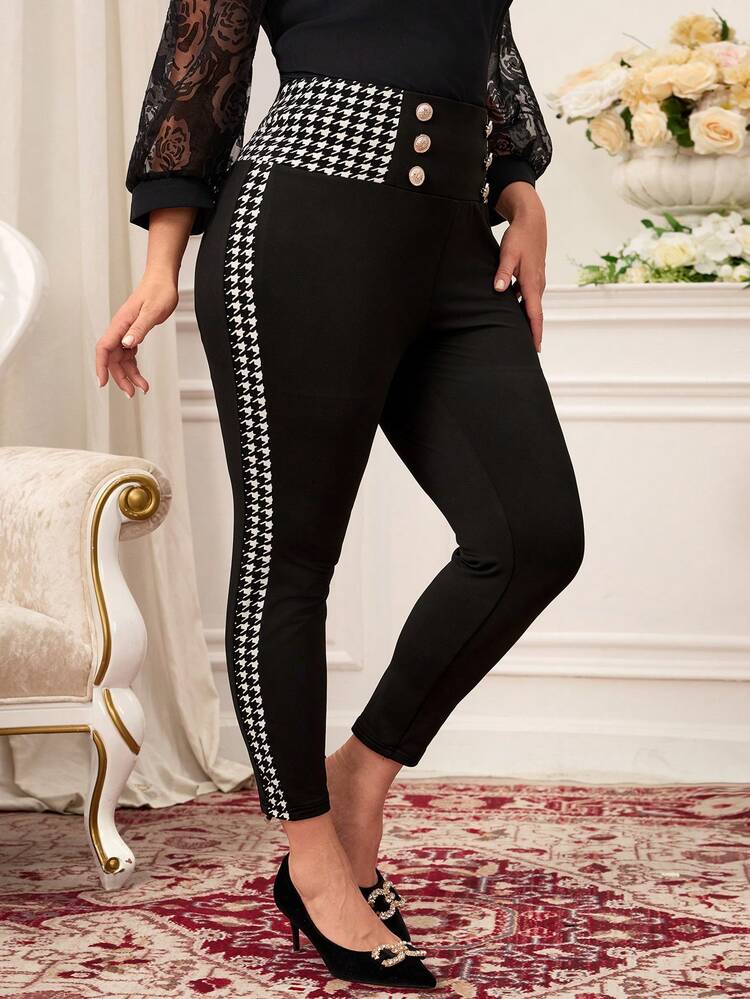 Plus Size Women Houndstooth Patchwork Waist Button Design Skinny Elegant Pants
