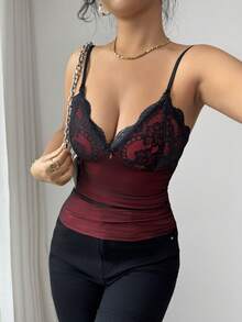 SHEIN Elenzya 蕾丝网纱拼接褶皱修身蝴蝶结吊带背心，优雅派对上衣 - 彩色 - 查看 4