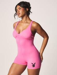 Missguided x Playboy Cross Back Fitted Active Romper One Piece Unitard With Logo Detail Summer Exercise Jumpsuit - Pink - View 1