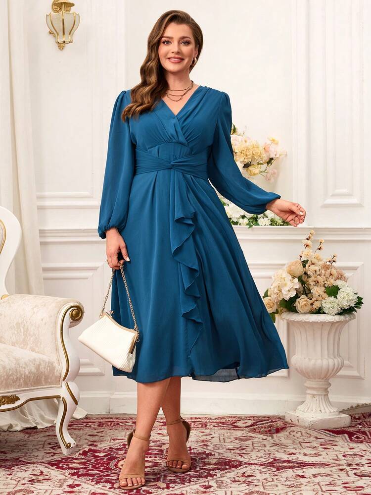 Plus Size Women Solid Color Waist Ruffle Lantern Sleeve Dress/Vacation/Summer/Spring