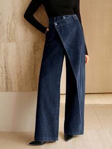 Anewsta 不对称设计女士宽松口袋阔腿牛仔裤 - 藍色 - 查看 6