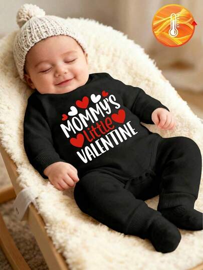 SHEIN 0-3 Years Baby Unisex Infant Toddler White Simple Black Letter Print Long Sleeve Bodysuit & Solid White Pants Set, Suitable For Outings, Home, Sports, Party Baby Boy Valentines Outfit Valentines Day Baby Clothes Baby Announcement Outfit