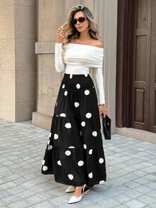 Pariaura 2025 New Arrival Women's Black White Polka Dot Tiered Skirt - High Elastic Waist Flared Hem, Minimalist Casual Office Commute Vacation Midi Skirt - Black - View 1
