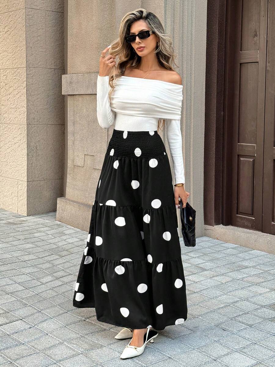 Pariaura 2025 New Arrival Women's Black White Polka Dot Tiered Skirt - High Elastic Waist Flared Hem, Minimalist Casual Office Commute Vacation Midi Skirt - Black - View 1