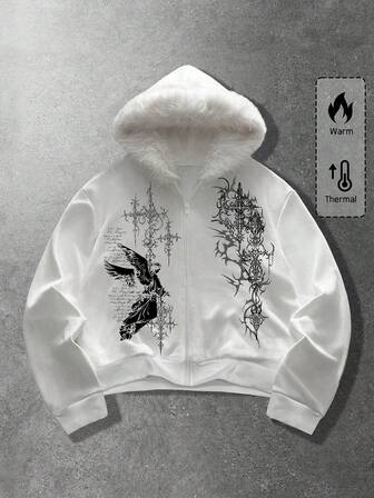 Goth Sweat-shirt à capuche zippé avec col en fourrure et imprimé slogan pour hommes