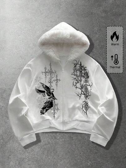 Goth Herren Sweatshirt mit Reißverschluss, Kapuze und Fellkragen mit Slogan-Aufdruck