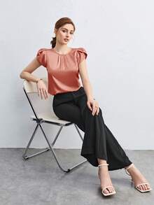 BizChic Áo kiểu nữ cổ tròn tay bồng dáng cánh hoa mới cho mùa Xuân/Hè, kiểu dáng tối giản, đa năng, phù hợp cho các dịp thường ngày, trang trọng, dự tiệc, đi biển, lễ tốt nghiệp và các kỳ nghỉ. - Rỉ Nâu - Xem 4