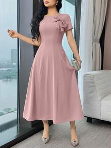 Modelyn 女士纯色圆领短袖蝴蝶结装饰优雅中长连衣裙 - 淺粉色 - 查看 4