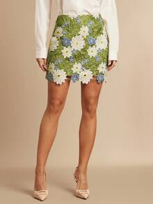 Silquee 女士高腰蕾丝花卉镂空撞色迷你裙，春夏款 - 彩色 - 查看 5