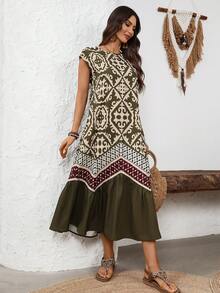 EMERY ROSE Women's Round Neck Geometric Print Casual Party Dress With Cap Sleeves Casual Dresses For Women Boho  Vacation Dresses - Dark Green - View 5