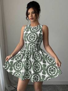 Elenzga Đầm mini thời trang không tay, hở lưng, buộc dây, in họa tiết cây cỏ dành cho nữ, thích hợp cho kỳ nghỉ. - màu xanh lá - Xem 6